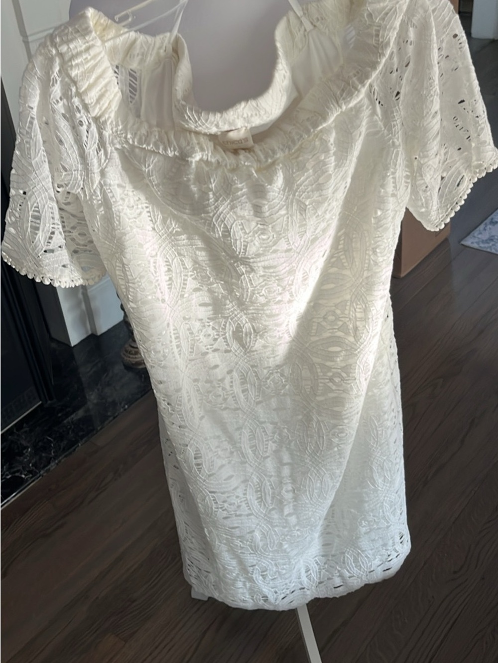 Chico's Ivory Lace Mini Dress with Ruffled Neckline
